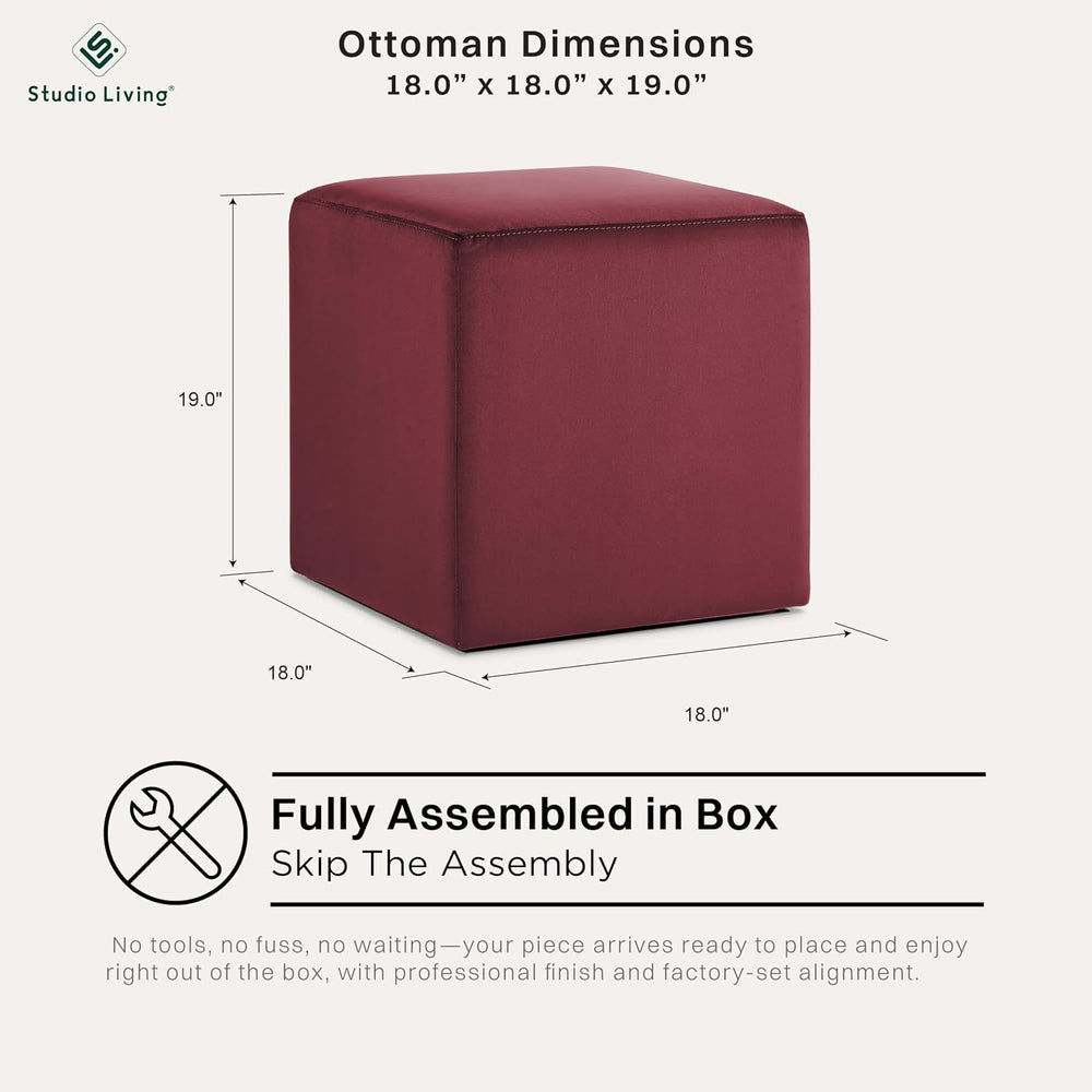 Studio Living® 18” Warren Ottoman Square Soft Velvet Bench, Stationary Ottoma...