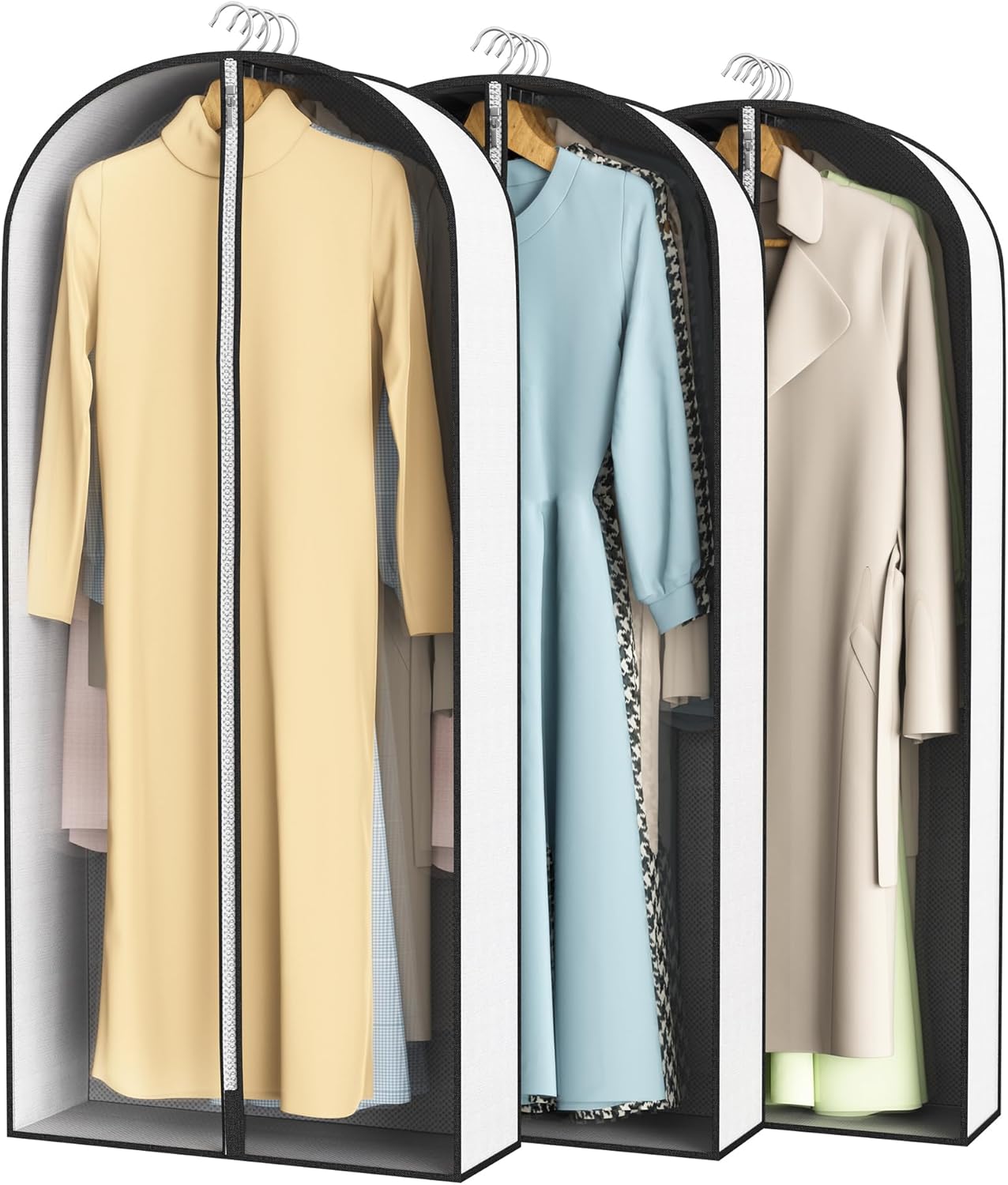 50” Garment Bags for Hanging Clothes 4” Gusseted - with Clear Window, Breathable Fabric, Metal Zipper, Suit Coat Long Dress Protector for Clothes Closet storage, Season Off, Moving, 3 Pack