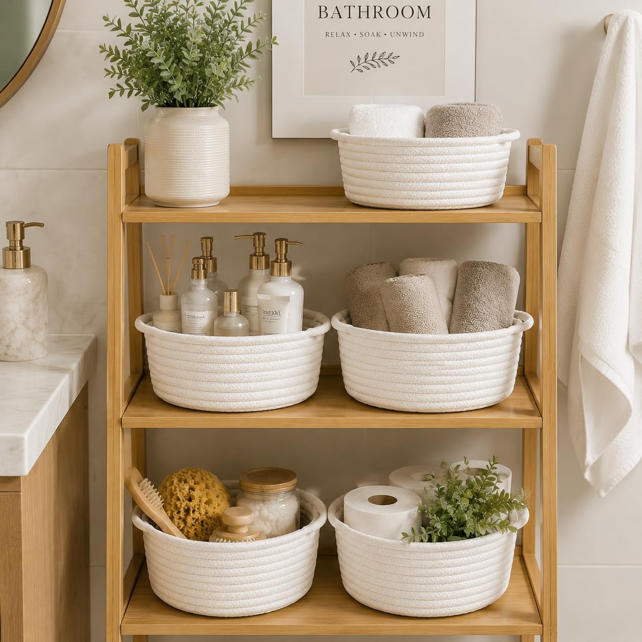 Small Woven Cotton Rope Baskets with Handles, Set of 3, White | Small Gift Baskets, Decorative Storage Baskets, Round Boho Design, Nursery and Bathroom Organizer, Multi-Room Storage