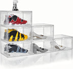 Clear Shoe Box Plastic Stackable Upgraded 6 Pack Shoe Storage Box Organizer with Clear Large Magnetic Door for Display Sneakers Easy Assembly, White
