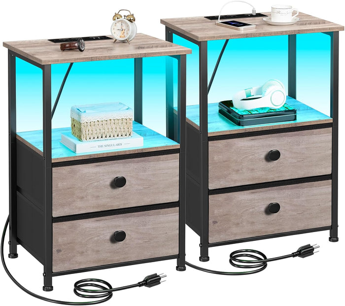 LOAKEKEL Nightstands Set of 2, LED Night Stand with Charging Station