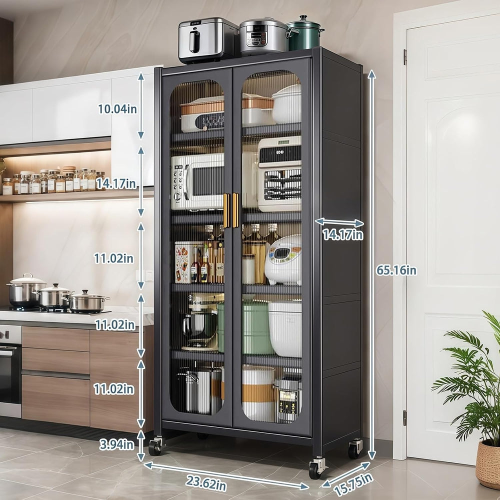 Kitchen Pantry Storage Cabinet, Gray 6 Tier Metal Display Cabinet with Transp...