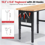 Workbench 96 x 24 Inch Adjustable Height Heavy Duty Work Table with Power Outlets & Extended Pegboard 5000 Lbs Load Capacity Rubber Wood Top Workstation for Garage, Workshop, Home, Office