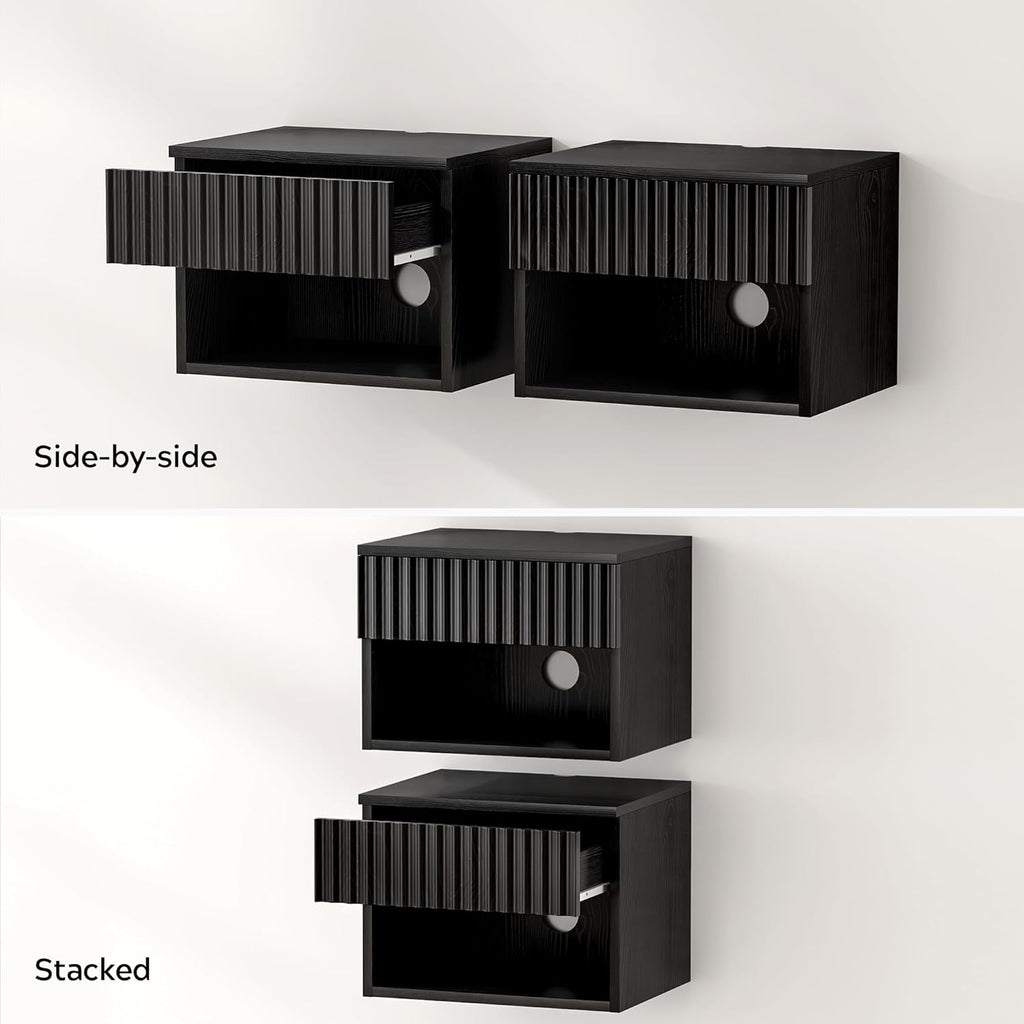 Fluted Floating Nightstand Set of 2 with Drawer, Modern Night Stand with Fluted Door and Open Storage Shelf Wall Mounted Bedside Table for Bedroom, Entryway Black