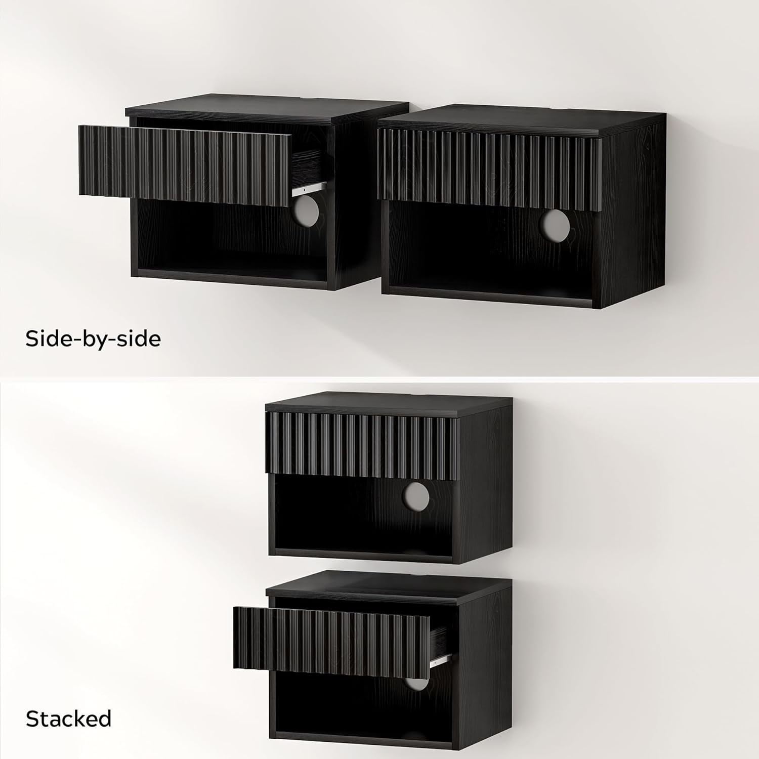 Fluted Floating Nightstand Set of 2 with Drawer, Modern Night Stand with Fluted Door and Open Storage Shelf Wall Mounted Bedside Table for Bedroom, Entryway Black