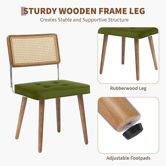 GarveeHome Natural Rattan Dining Chairs Set of 6, Velvet Upholstered Kitchen Chairs with Tall Cane Backrest and Strong Wood Legs for Dining Room, Kitchen, Restaurant, Green