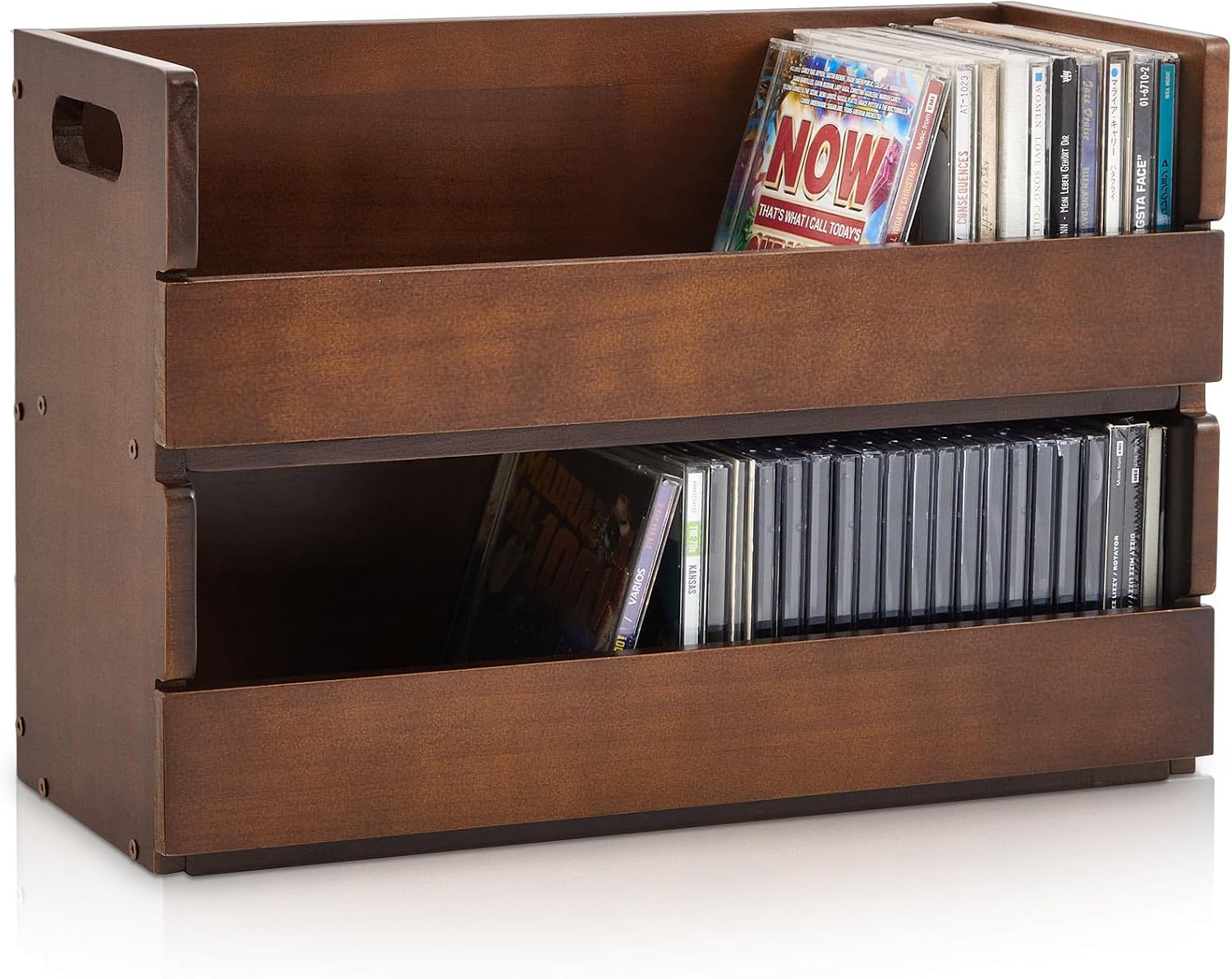 CroBlissful 2-Tier Wooden CD Storage Holder, Classic Brown CD Display Shelf Rack with Carrying Handles, CDs Organizer for DVDs, Movie Cases and Cassette Tapes, Holds up to 72 CDs