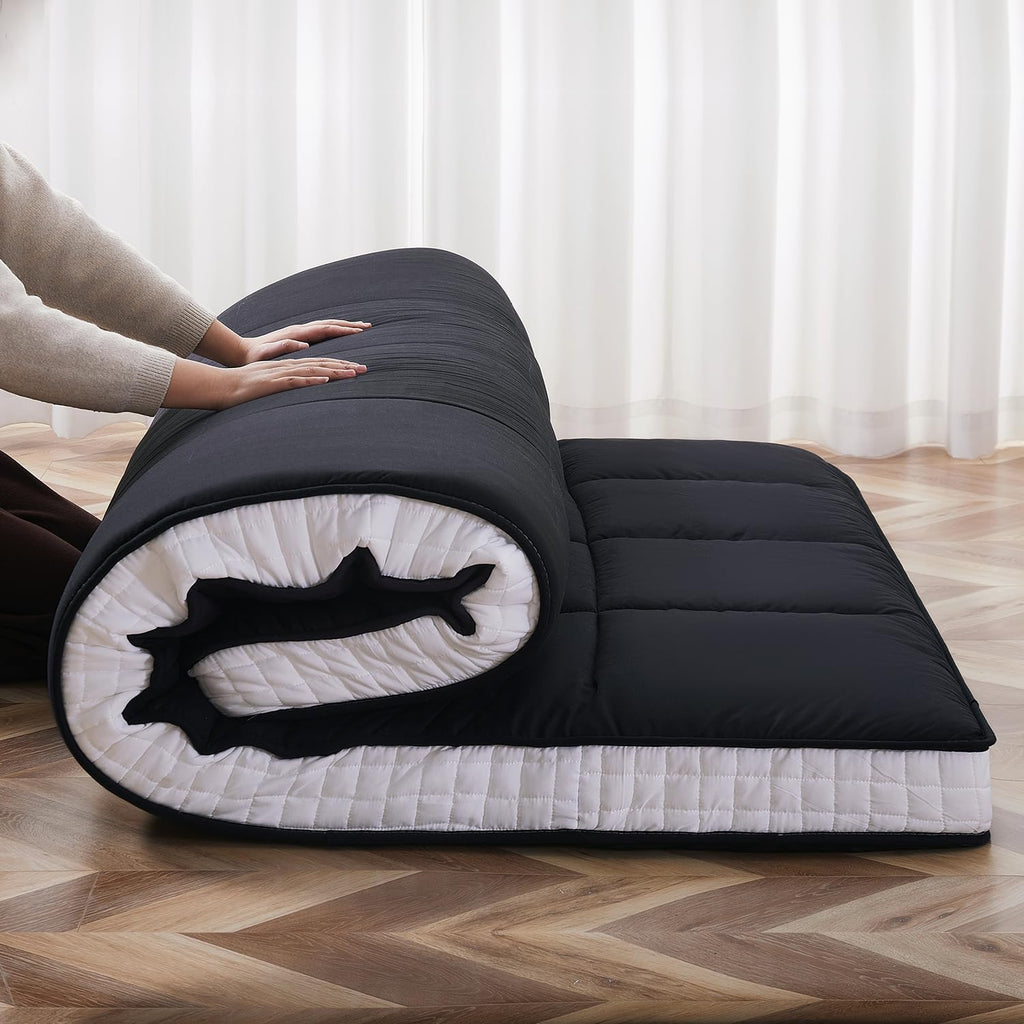 Full Size Futon Mattress - Fleece Foldable Japanese Floor Mattress - Super Soft Fuzzy Sleeping Pad for Adults - Tatami Mat Suitable for Camping & Guest & RV Mattress- Black (Full:80"L x 54"W x 4"Th)
