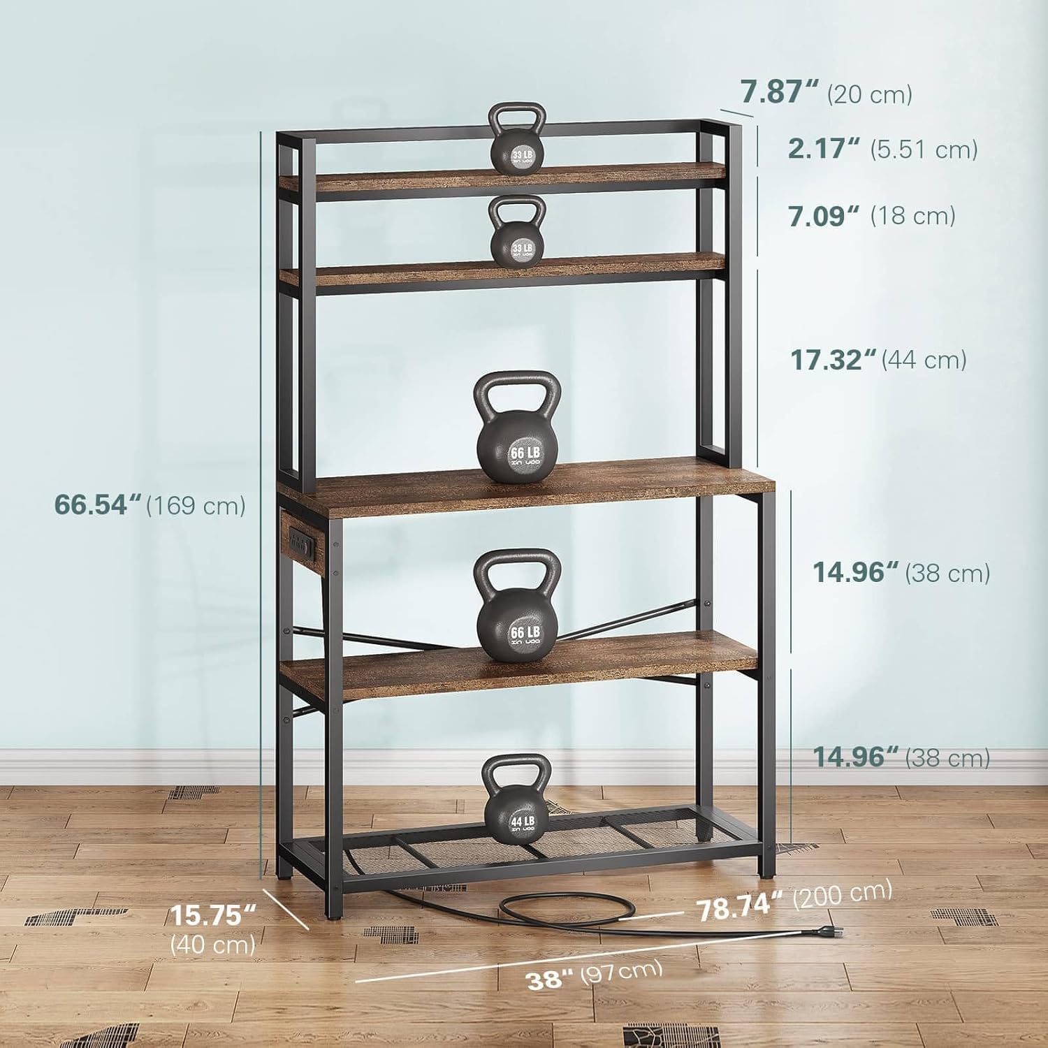 Denkee Large Bakers Rack with Power Outlets, 38 Inch Microwave Stand with Storage, 5-Tier Coffee Bar Stand, Industrial Kitchen Shelf Rack, Rustic Brown