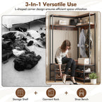 Tangkula Corner Hall Tree, 70 Inch Coat Rack with Bench and Shoe Storage, Entryway Furniture with 7 Hooks, Heavy Duty Metal Frame, Space Saving Clothes Rack Shoes Shelf Organizer (Brown)