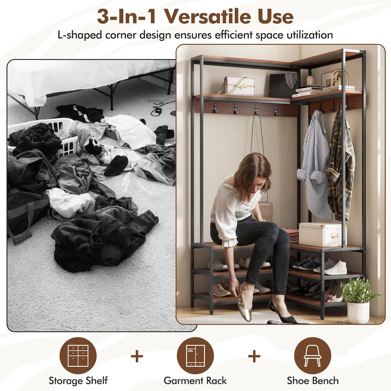 Tangkula Corner Hall Tree, 70 Inch Coat Rack with Bench and Shoe Storage, Entryway Furniture with 7 Hooks, Heavy Duty Metal Frame, Space Saving Clothes Rack Shoes Shelf Organizer (Brown)