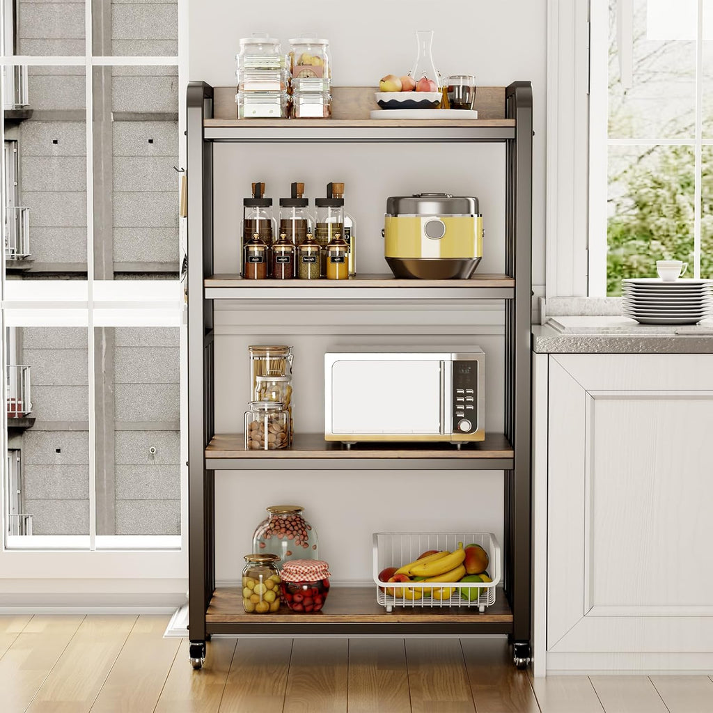 Bakers Rack with Power Outlet,bakers rack with storage,microwave cart | Microwave Oven Stand with Storage 4 Tiers,With pegboard Bakers Racks,bakers rack with storage,for Kitchen,Coffee Bar