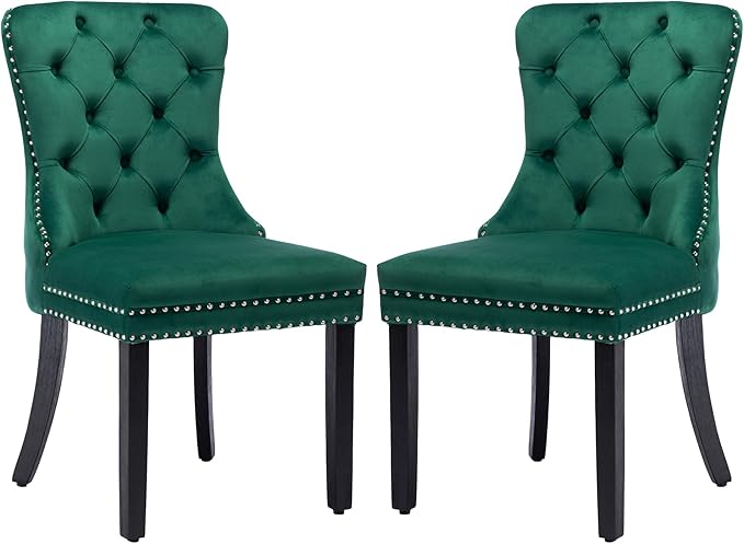 KCC Velvet Dining Chairs Set of 2, Upholstered High-end Tufted Dining Room Chair with Nailhead Back Ring Pull Trim Solid Wood Legs, Nikki Collection Modern Style for Kitchen, Green