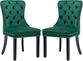 KCC Velvet Dining Chairs Set of 2, Upholstered High-end Tufted Dining Room Chair with Nailhead Back Ring Pull Trim Solid Wood Legs, Nikki Collection Modern Style for Kitchen, Green
