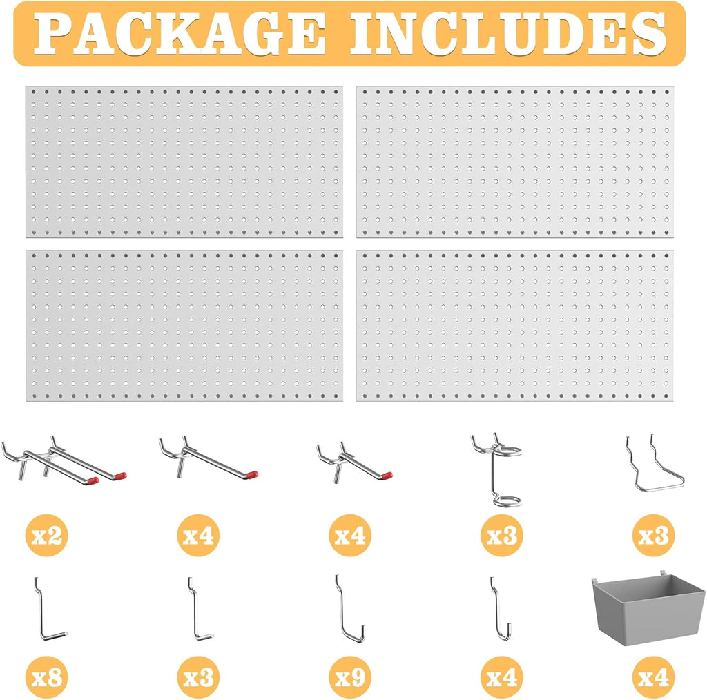 Pegboard Smith 48PCS Metal Pegboard Kit – 12"x24" Tool Storage Wall Organizer Pegboard with Hooks and Bins for Garage, Workshop, Kitchen, Office, and Craft Room (Gray)