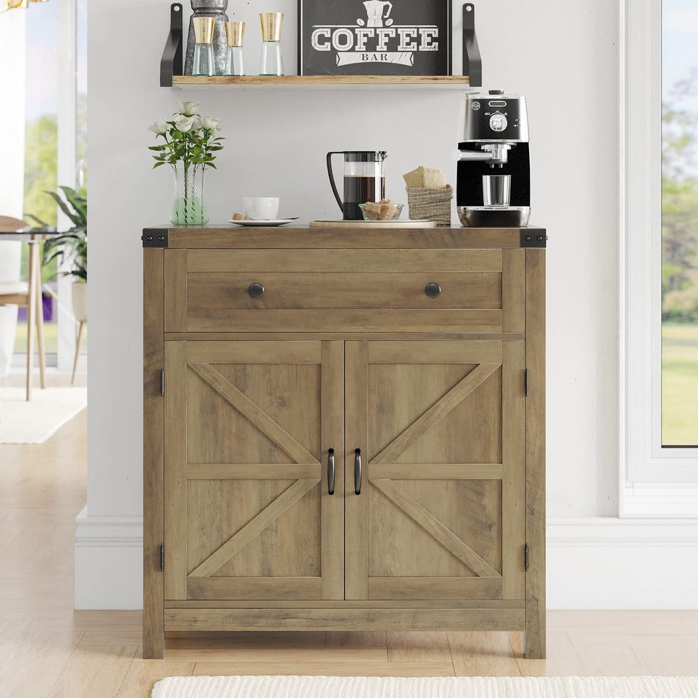 HOSTACK Kitchen Storage Cabinet, Farmhouse Coffee Bar Cabinet, Rustic Brown