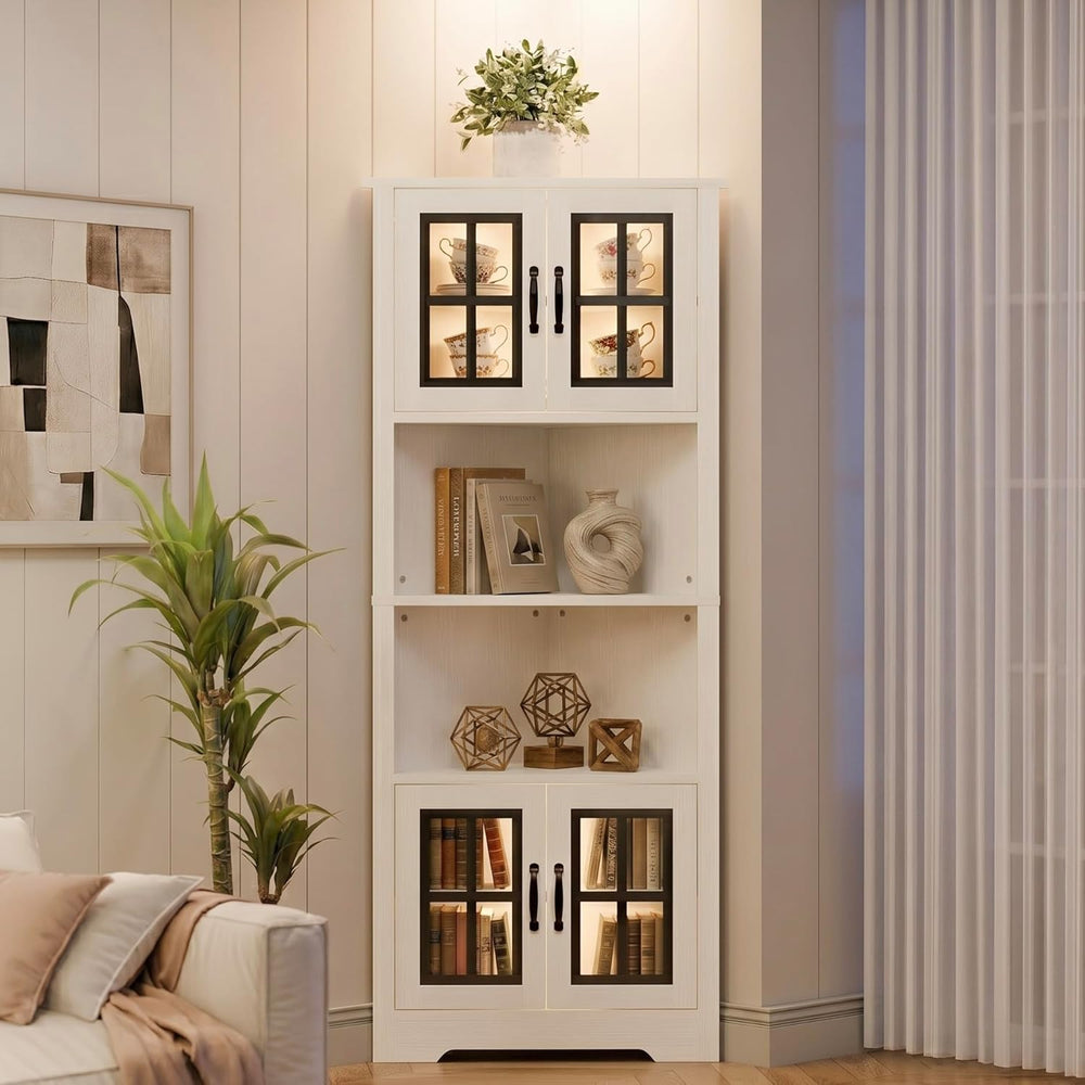 Corner Cabinet with Glass Doors and LED Lights, 67" Tall Corner Pantry C...