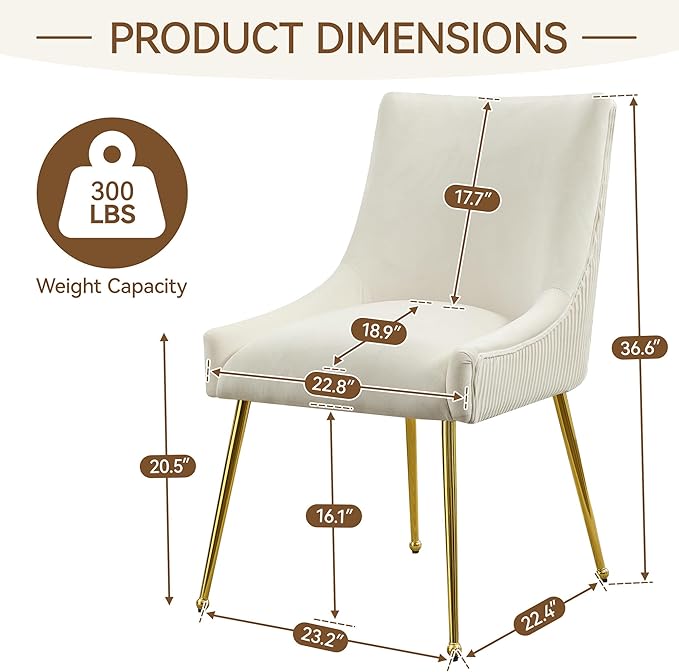 Velvet Dining Chairs Set of 6 Gold Legs,Upholstered Velvet Accent Chairs, Pleated Back Design & Gold Pull Handle, Mid Century Modern Chairs for Dining/Kitchen/Living Room,Beige