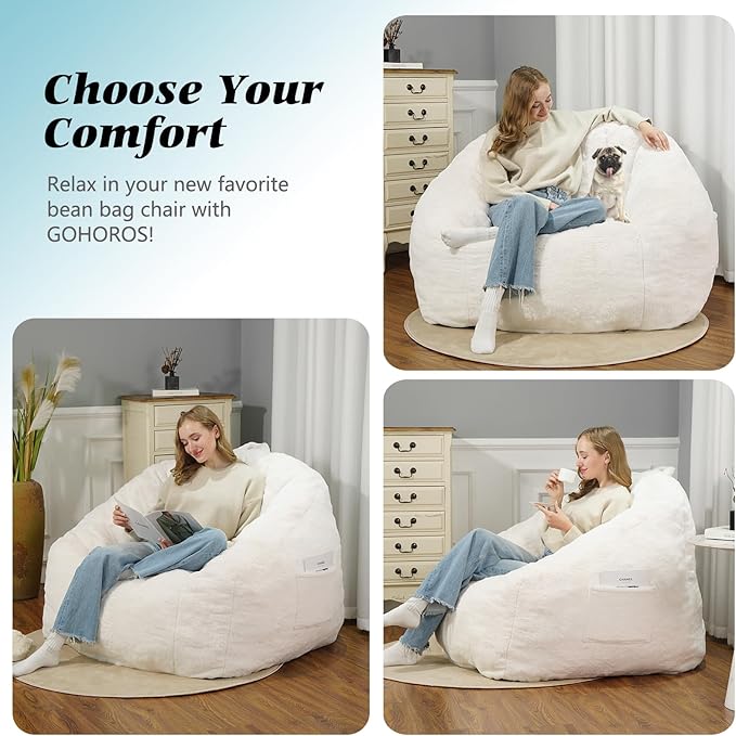 Giant Bean Bag Chair, BeanBag Couch Filler with Memory Foam, Ergonomic Faux Fur Shell-Shaped Accent Chair Gaming and Reading Living Room, Bedroom, Beige