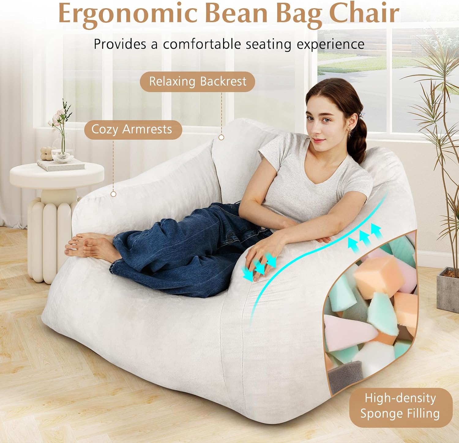 GOFLAME Bean Bag Chair for Adults, Giant Beanbag Chair with Soft Velvet Cover, Sponge Filling & Non-Slip Base, Lazy Floor Sofa for Living Room, Bedroom, Reading Room, Beige