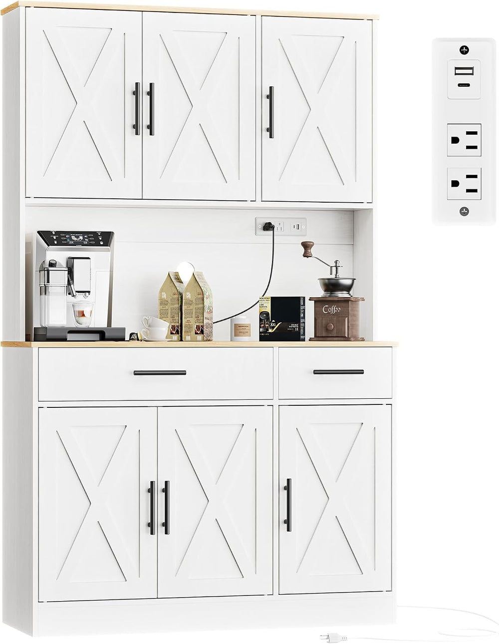 Shintenchi Pantry Cabinet with Charging Station, 70” Tall Kitchen Storage Cab...