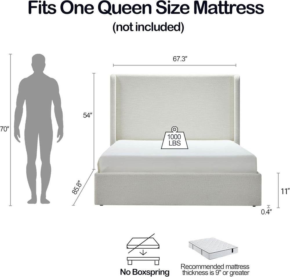Queen Size Upholstered Platform Bed Frame, 54" High Headboard Carmen Win...