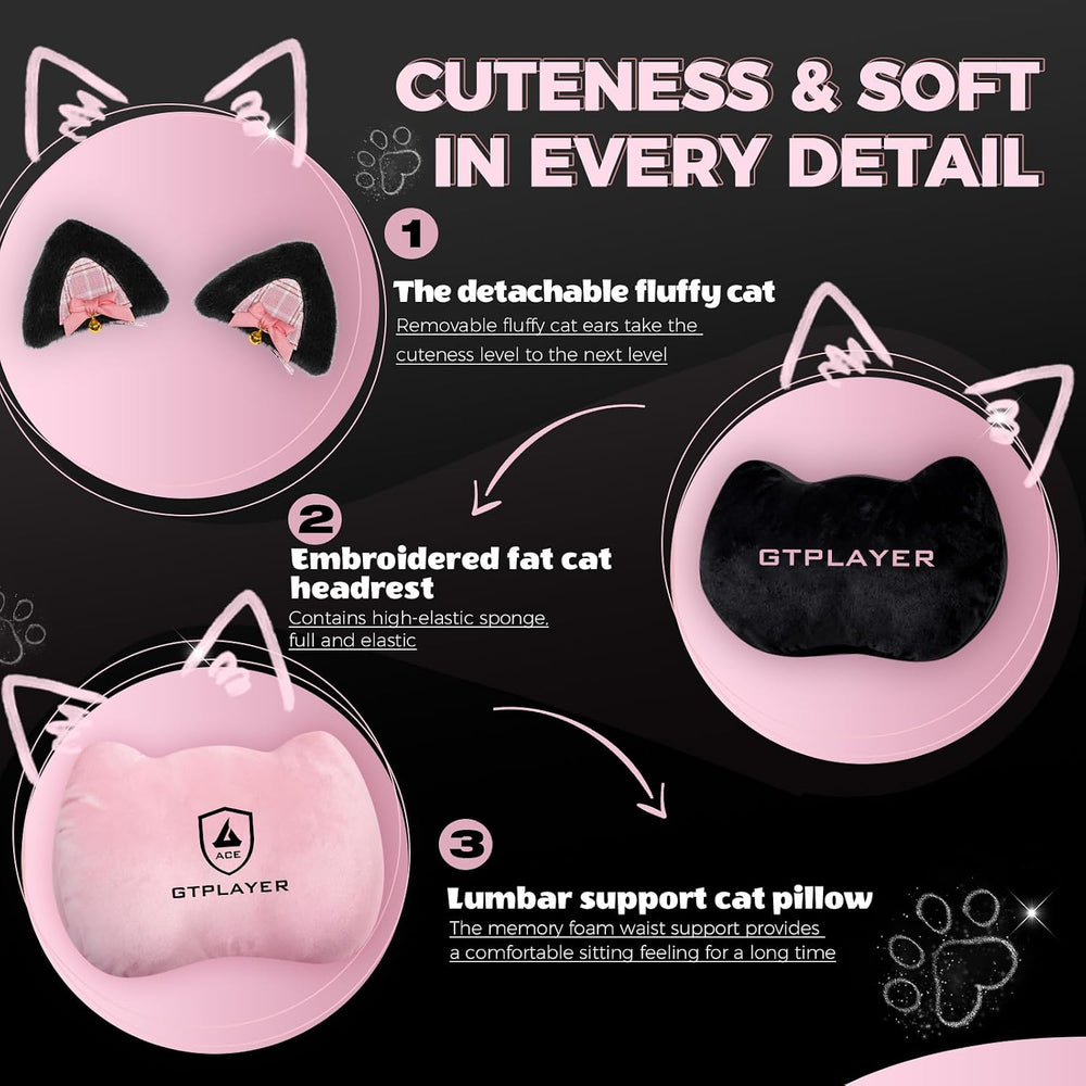 GTPLAYER Pink Gaming Chair Cute with Cat Ears Ergonomic Computer Chair with C...