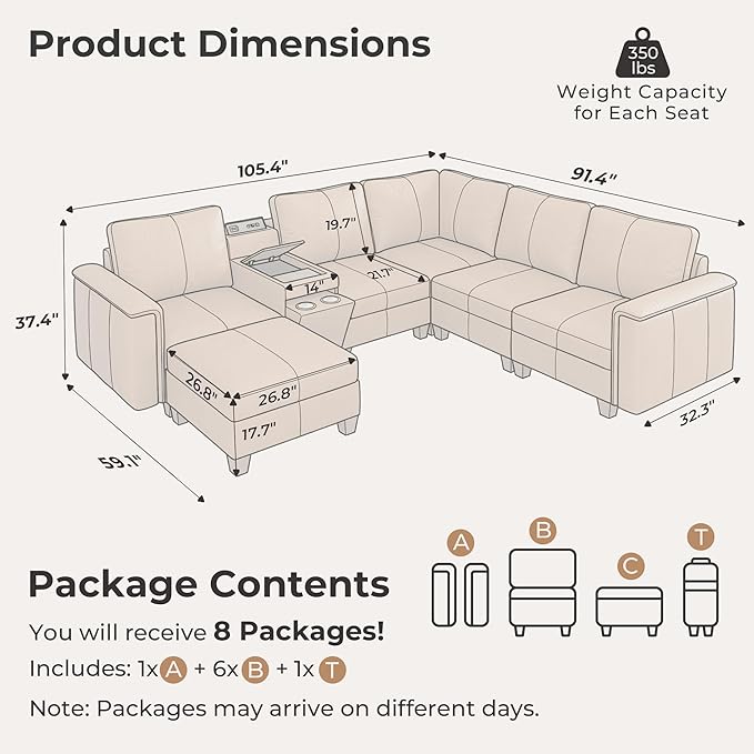 SITJOY 105" Faux Leather Modular Sectional Sofa with Storage, Mid Century Modern Sectional Couches for Living Room, 6 Seat V Shaped Couch with Ottoman and Console Table, Hidden Cupholders, Brown