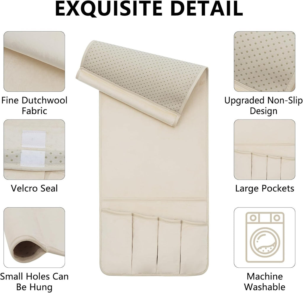TV Remote Control Holder Couch Caddy, Non-slip Bedside Caddy Organizer with 5 Pockets for Key Glasses Phone Magazine Holders (Beige, 35"x12.4")