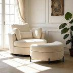 Aoiy & Wifon 50'' W Oversized Swivel Barrel Chair with Storage Ottoman, Beige Round Accent Chair with Half Moon Ottoman for Living Room, Deep Seat & Extra Wide, Chenille