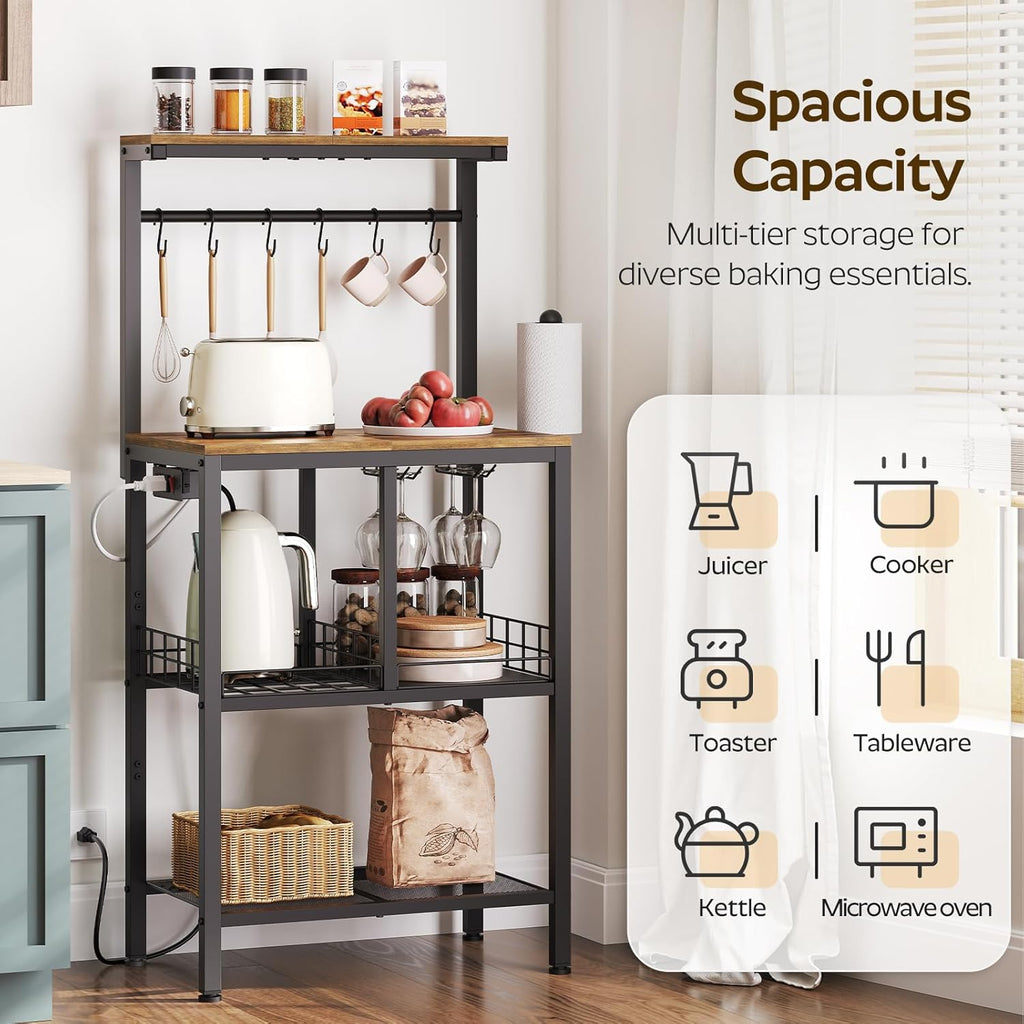YATINEY Bakers Rack with Power Outlet, Microwave Stand with Paper Holder, Coffee Bar Station with Wine Glass Holder, 4-Tier Kitchen Storage Rack for Dining Room, Living Room, Rustic Brown HB02UBR