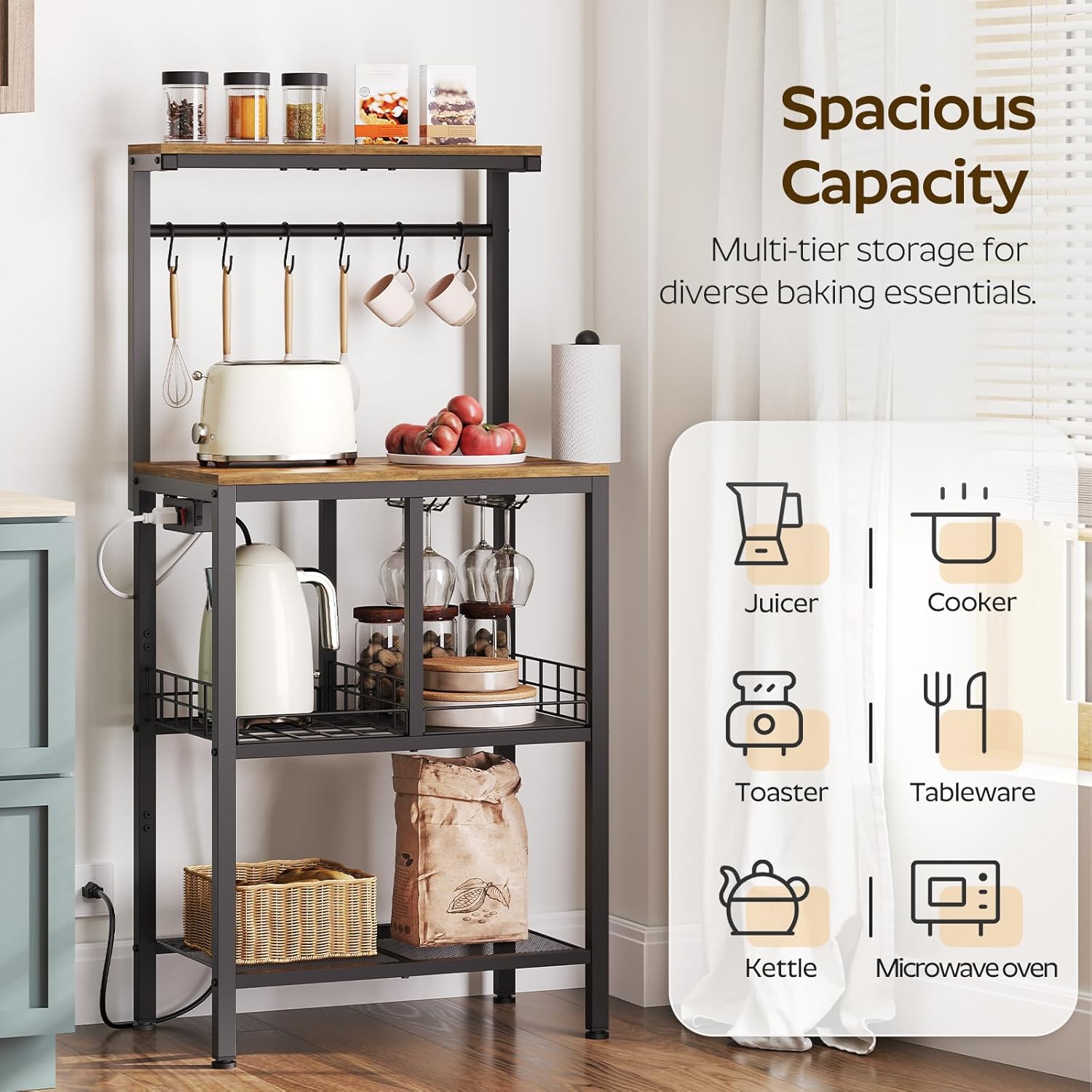 YATINEY Bakers Rack with Power Outlet, Microwave Stand with Paper Holder, Coffee Bar Station with Wine Glass Holder, 4-Tier Kitchen Storage Rack for Dining Room, Living Room, Rustic Brown HB02UBR