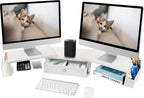 Dual Monitor Stand Riser w/ Drawer & Metal Leg, Large White Computer Monitor Riser w/ Storage For 2 Screens, Desk Shelf w/ Adjustable Length & Angle, Desktop Organizer