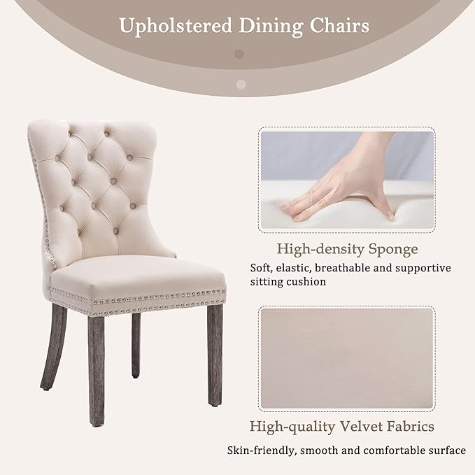 KCC Velvet Dining Chairs Set of 6, Upholstered High-end Tufted Dining Room Chair with Nailhead Back Ring Pull Trim Solid Wood Legs, Nikki Collection Modern Style for Kitchen, Beige