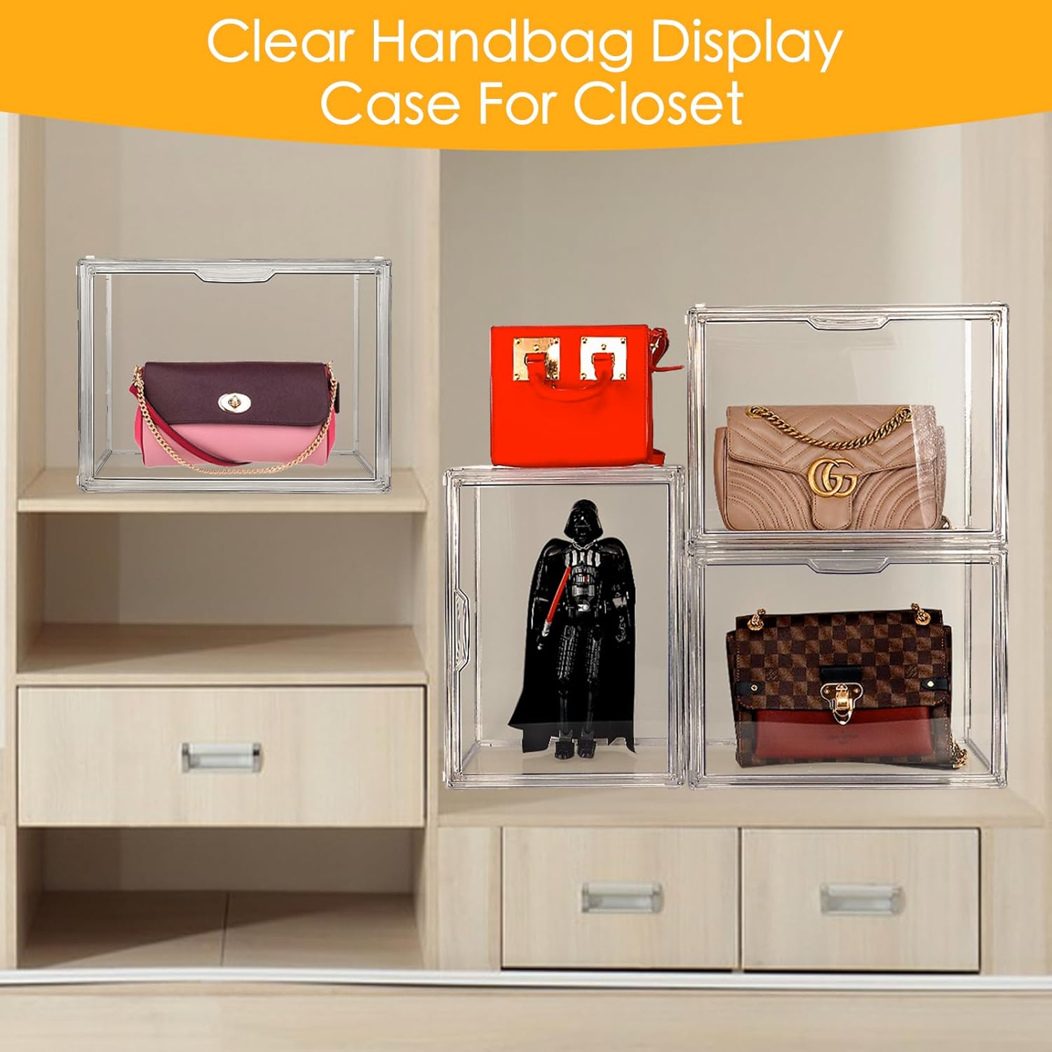 4Pack Purse Organizer for Closet Clear Acrylic Display Case Handbag Storage Organizer Box with Magnetic Door Stackable Storage Bins with Dustproof Lid for Book Toys Shoes Cosmetic Collectibles
