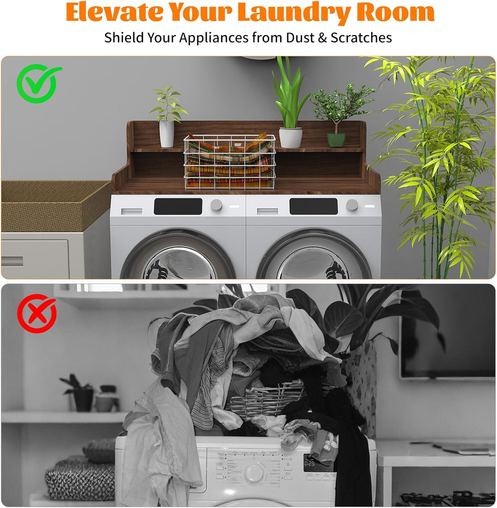 2-Tier Washer Dryer Countertop with Charge Station, 54" x 27.5" Top Cover for Laundry Machine, Washer and Dryer Wood Shelf Topper for Laundry Room Counter Storage Organization, Walnut