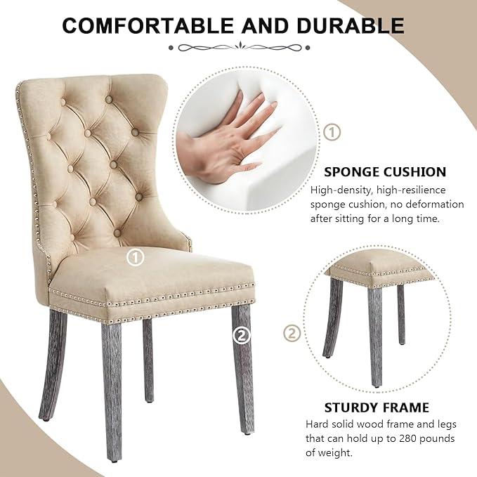 Kiztir Leather Dining Chairs Set of 4, Upholstered Dining Chair with Nailhead Trim and Solid Wood Legs, Luxury Wingback Dining Side Chair for Living Room, Bedroom, Kitchen (Beige)