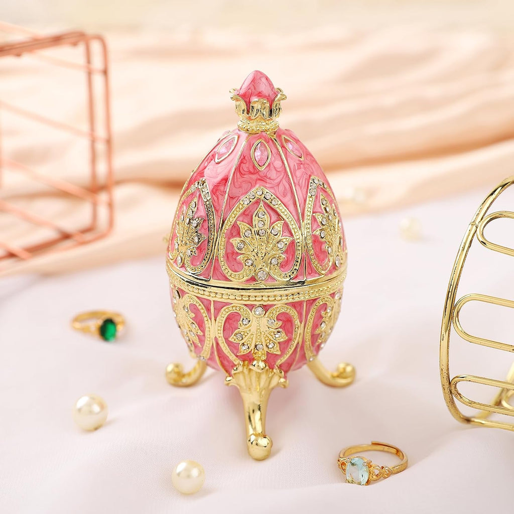 QIFU Hand Painted Pink Easter Egg Style Enamel Trinket Box, Unique Jewelry Box to Store Your Jewelry in Style
