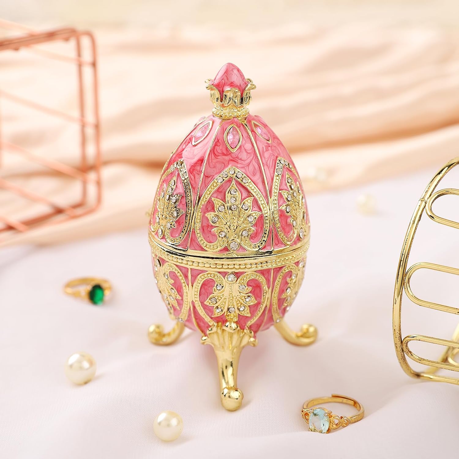 QIFU Hand Painted Pink Easter Egg Style Enamel Trinket Box, Unique Jewelry Box to Store Your Jewelry in Style