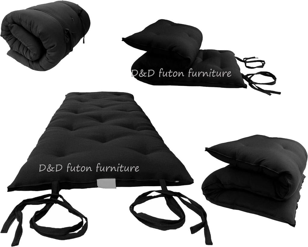 D&D Futon Furniture Queen Size Black Cotton/Foam/Polyester Traditional Japanese Floor Rolling Futon Mattresses, Yoga Meditation Mats, Beds 3 x 60 x 80