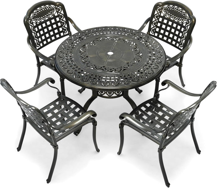 VIVIJASON 5-Piece Outdoor Patio Furniture Dining Set, All-Weather Cast Aluminum Conversation Set, Include 4 Chairs and 38.5" Round Table w/Umbrella Hole for Balcony, Lawn, Garden, Backyard