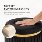 Round Vanity Stool Ottoman, Black | Velvet Upholstered, Small Foot Stool with Gold Trim, Stainless Steel Base, For Bedroom, Living Room, Entryway