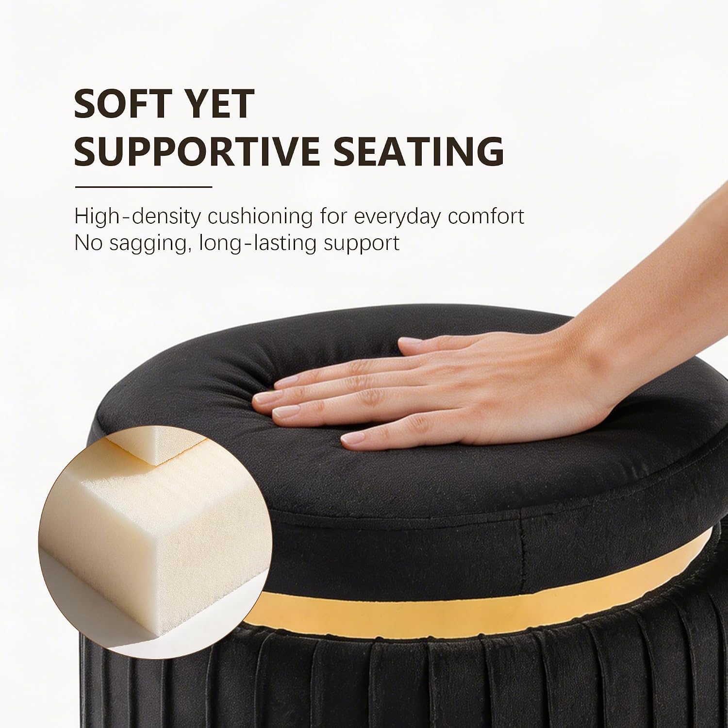 Round Vanity Stool Ottoman, Black | Velvet Upholstered, Small Foot Stool with Gold Trim, Stainless Steel Base, For Bedroom, Living Room, Entryway