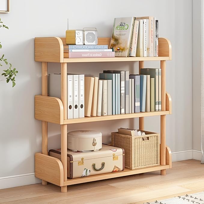 3-Tier Wooden Open Bookcase - Modern Display Bookshelf with Top Edge and Soli...