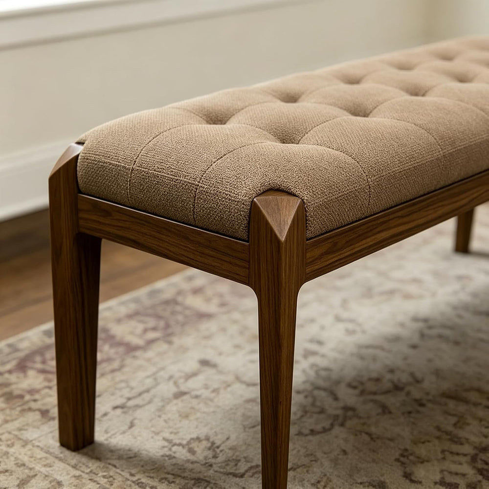 Lartis Solid Wood Dining Bench, Grid Quilted Button Tufted Cotton Linen Uphol...