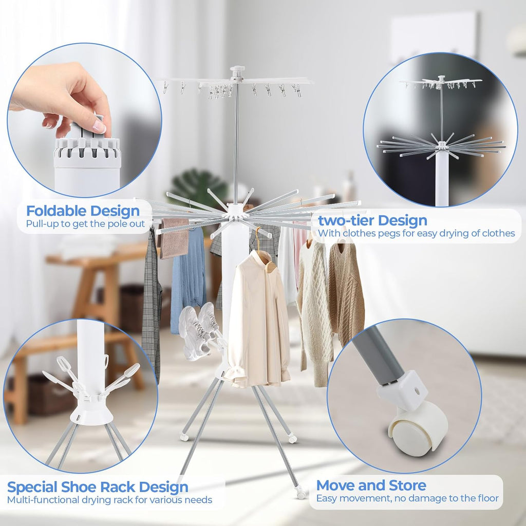 Dollate 3 Tier Portable Clothes Drying Rackwith 4 Pulleys,Indoor and Outdoor Collapsible Rack Clothing with Shoe Drying Rack for Space Saving
