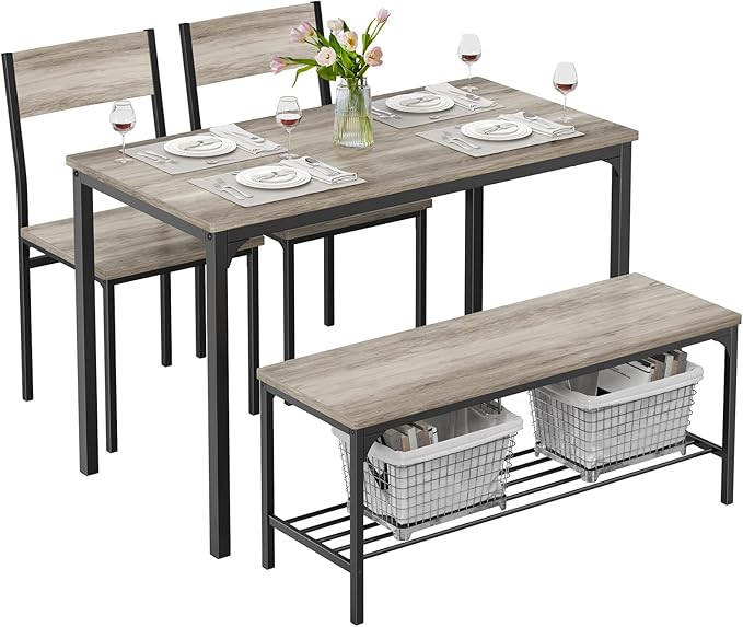 DUMOS Dining Table Set, Dining Table for 4 with Bench, Kitchen Table, Space-Saving Ideal 4-Person Set for Dining Room Kitchen Apartment Corner Grey 4 Pack
