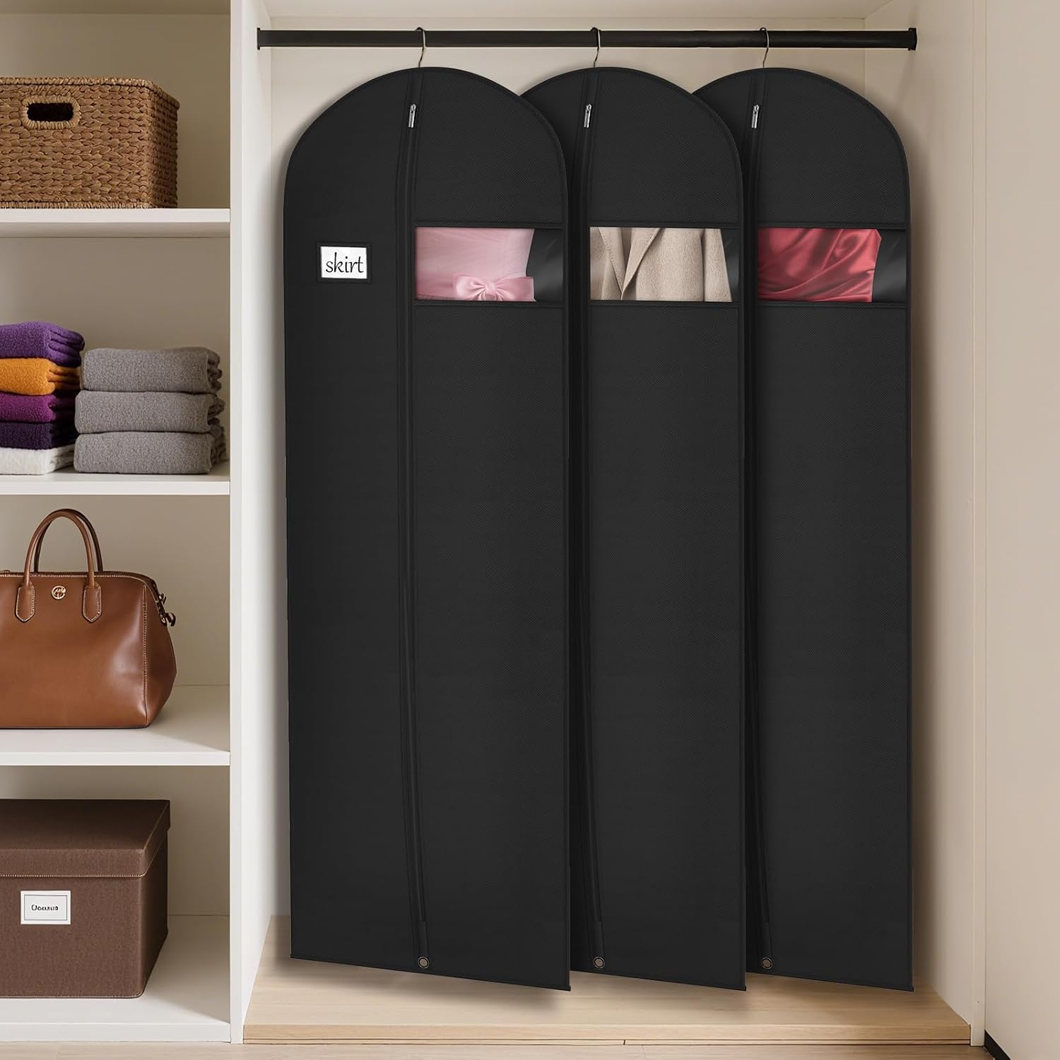 Syeeiex 72 Inch Dress Bags for Gowns, Dress Garment Bag, Set of 3, Black | Breathable Suit Bag, Dustproof Hanging Garment Bag, Clear Window and ID Card Holder for Fur Coat and Long Dress Gown