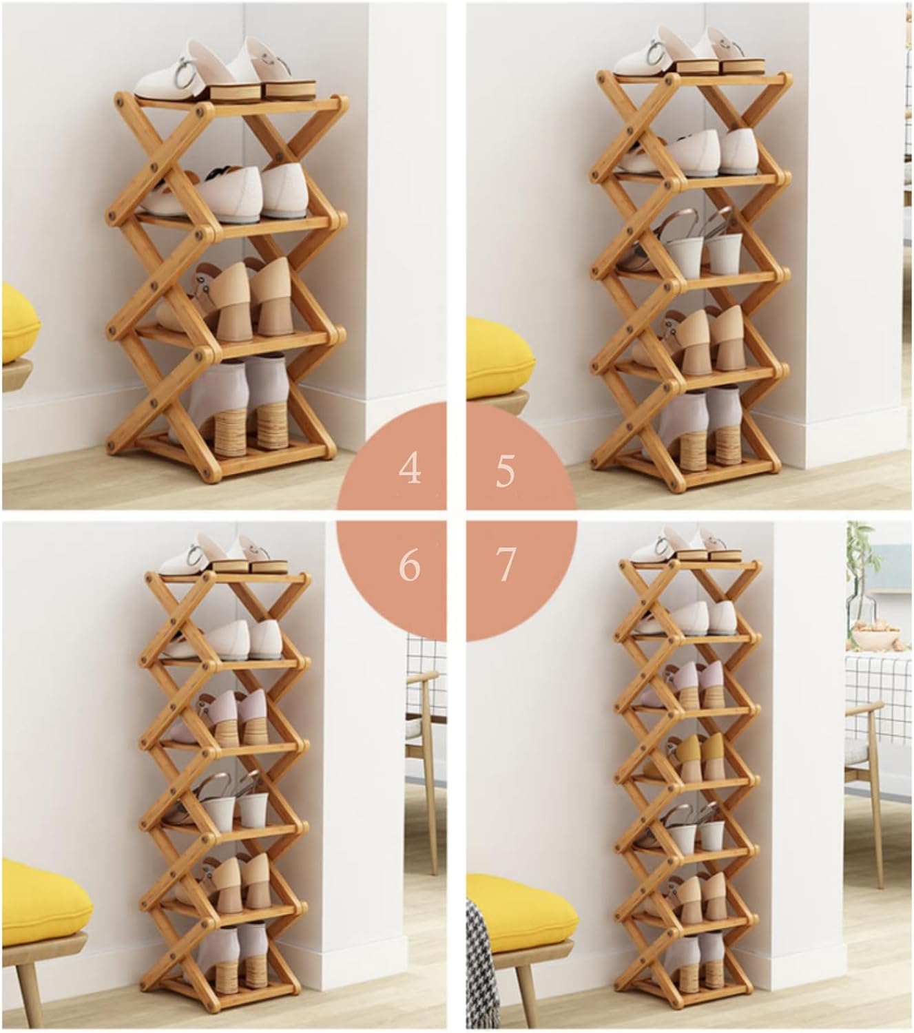 5 Tier Foldable Shoe Rack, Bamboo Vertical Shoe Organizer Tall for Multifunctional Narrow Shoe Shelf for Entryway, Closet, Corner, Bedroom, Hallway(Natural)