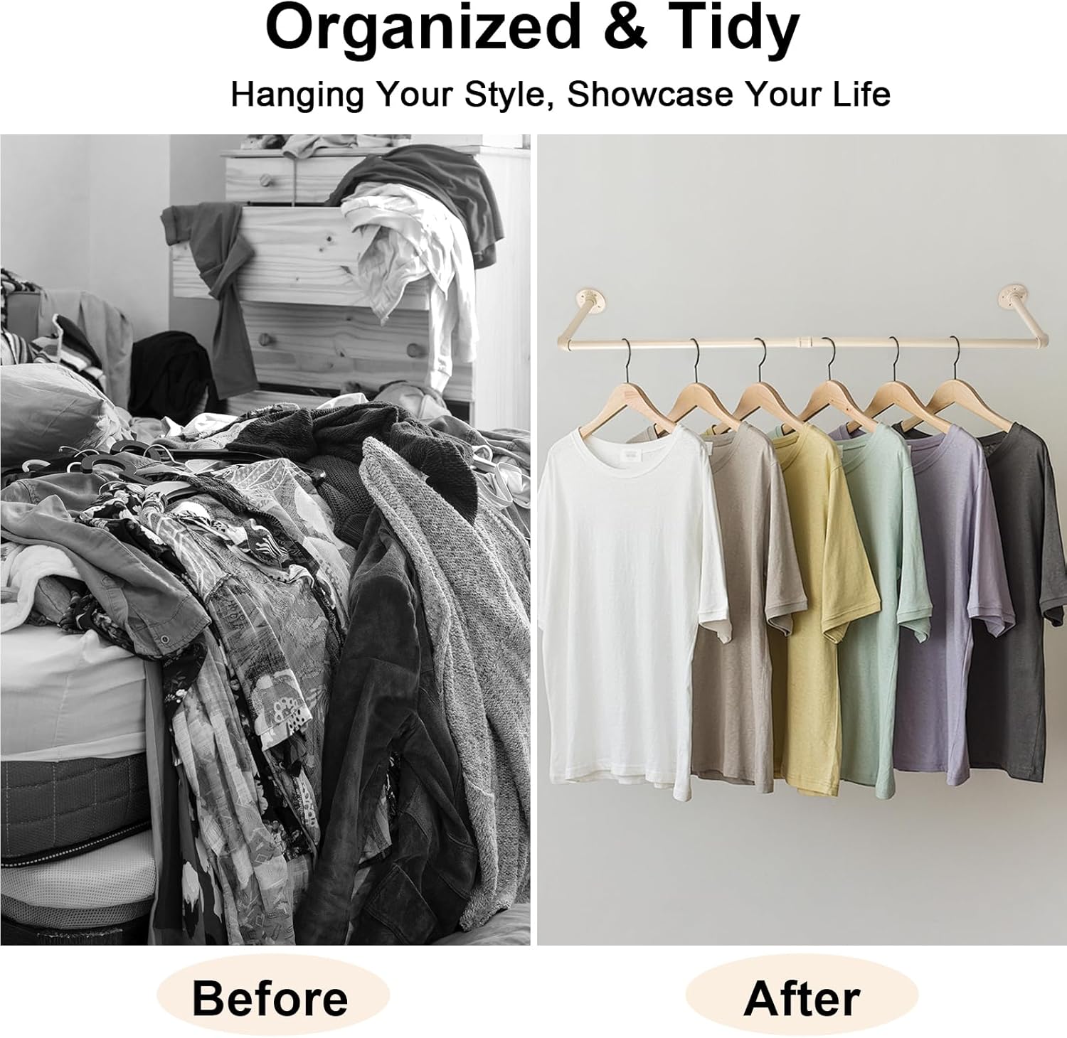 54" White Wall Mounted Clothes Rack, Industrial Pipe Iron Garment Bar, Heavy-Duty Detachable Clothing Rod, Multi-Purpose Metal Wall Display Hanging Pole for Closet Storage, Laundry Room 2 Base